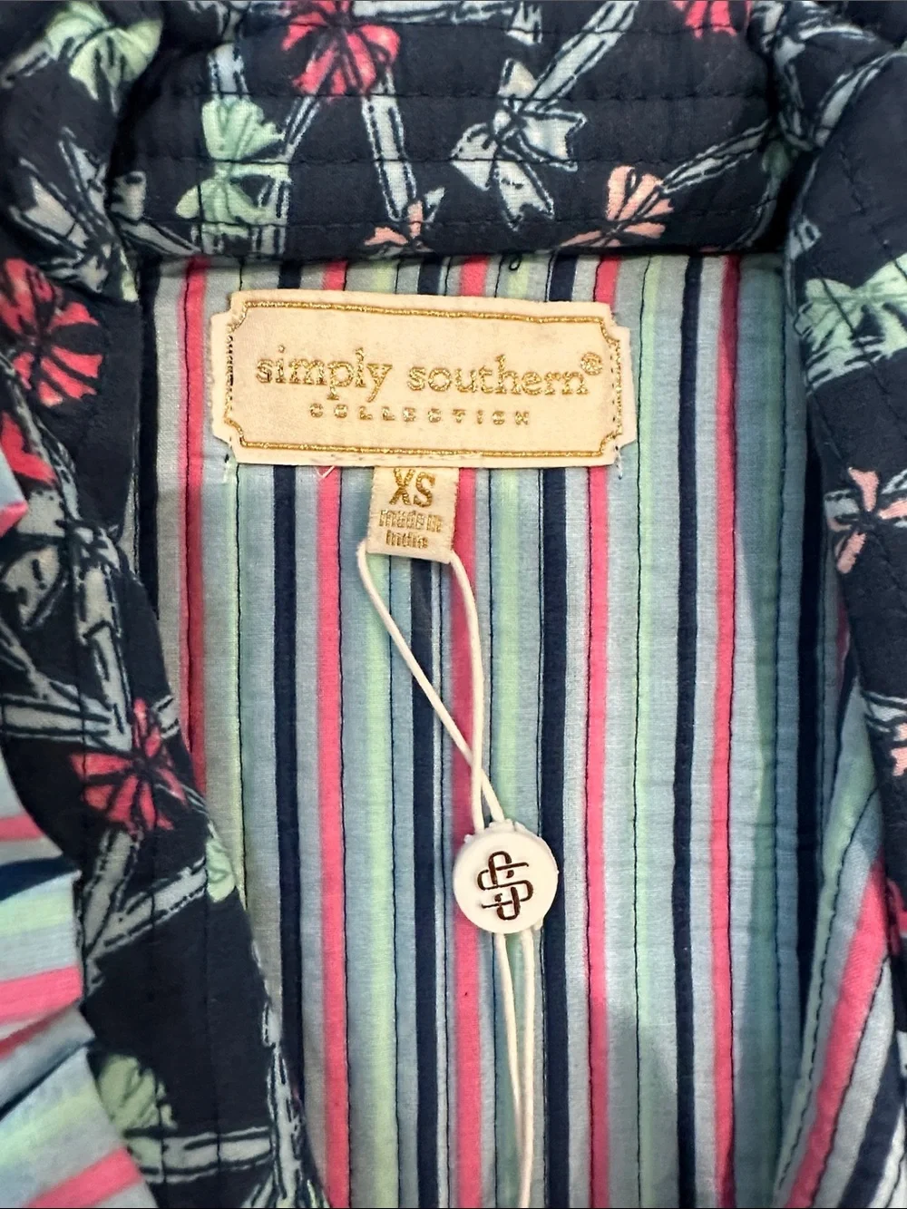 Simply Southern Navy Quilted Jacket with Pink & White Stripe Trim